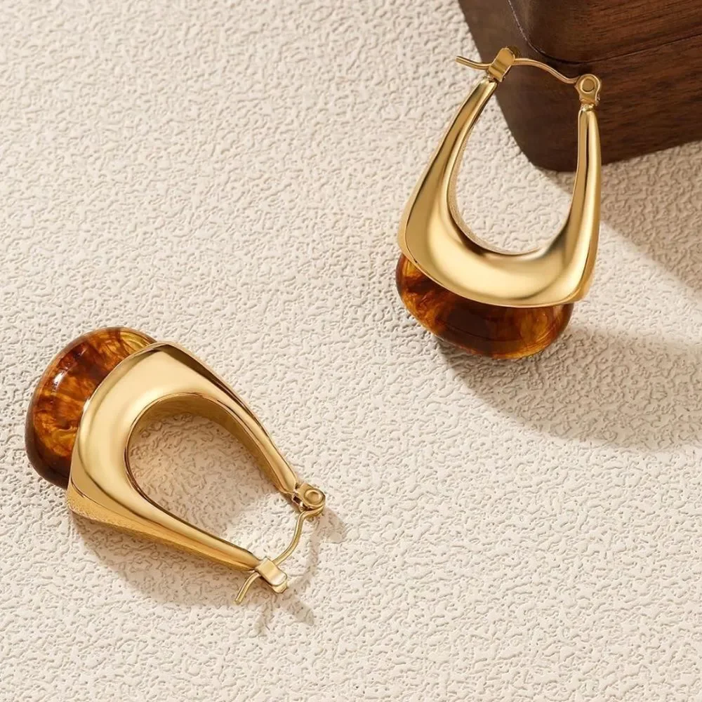 NEW 18K Gold Plated Elegant Gold and Brown Hoop Earrings